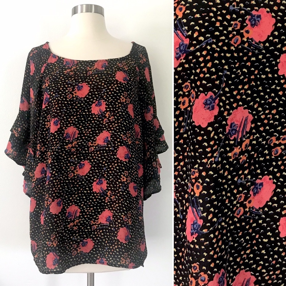 Umgee black & coral floral pop over top boxy loose fit shirt